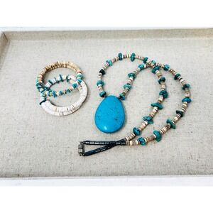 Southwestern Style Turquoise & Shell Heishi Bead Necklace & Wrap Bracelet Se